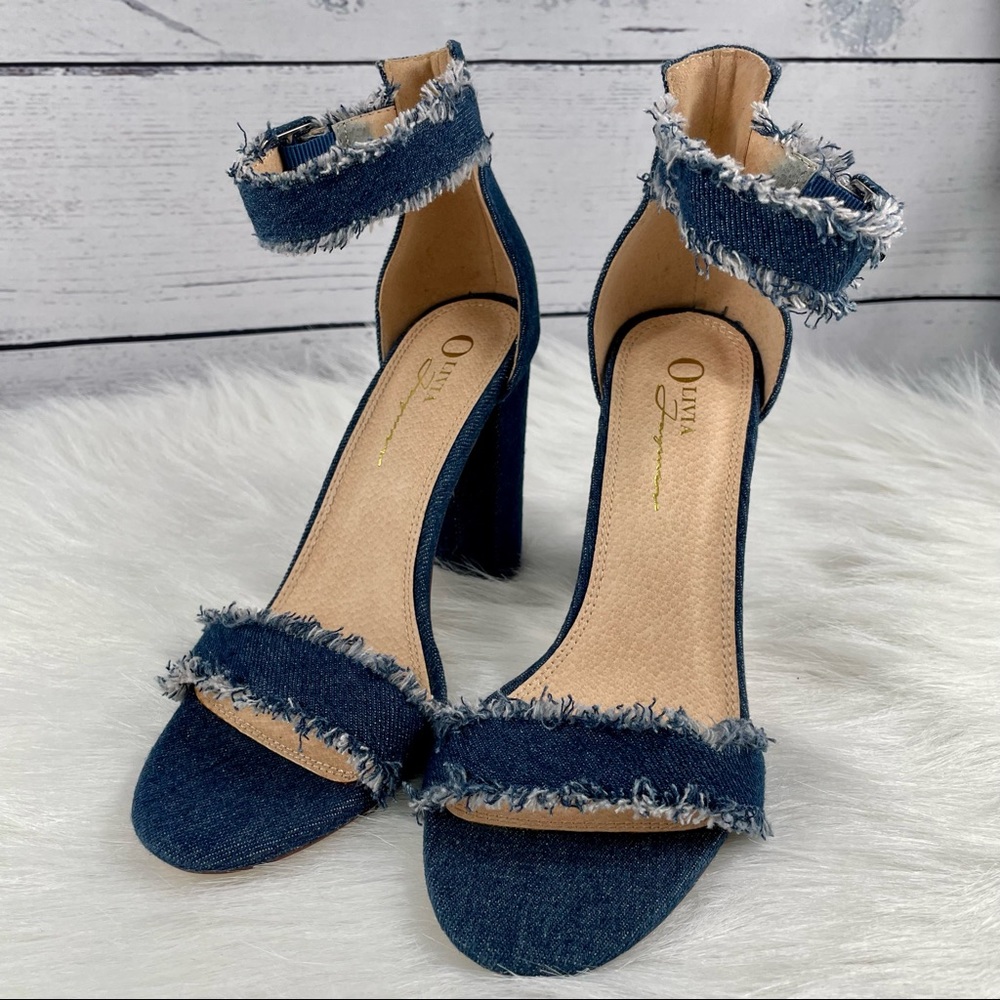 OLIVIA Ferguson Frayed Denim, Chunky Heels with ankle buckle detail, NEW